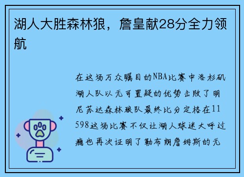 湖人大胜森林狼，詹皇献28分全力领航